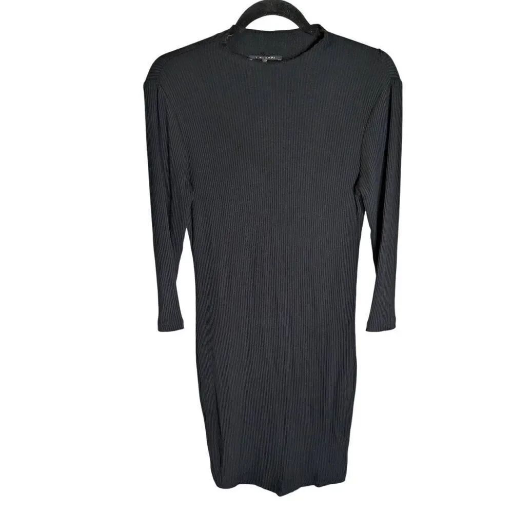 T Tahari Ribbed Stretch Knit Long Sleeve Black Dress